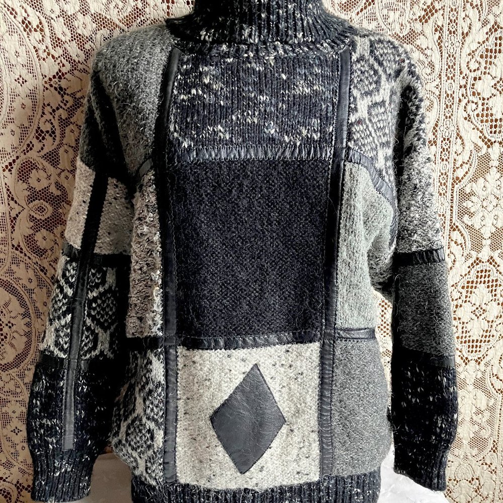 Black & Gray Turtleneck Pullover Sweater with Leather Trim